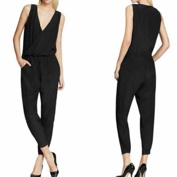 Rebecca Minkoff Women's 8 Silk Jumpsuit V Neck Black Mara Crossover Jogger Cuff - Picture 1 of 16